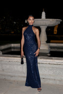 Nevaeh | Women's High Neck Halter Sleeveless Floor Length Sequin Maxi Dress