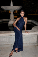 Nevaeh | Women's High Neck Halter Sleeveless Floor Length Sequin Maxi Dress