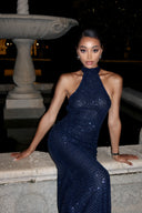 Nevaeh | Women's High Neck Halter Sleeveless Floor Length Sequin Maxi Dress