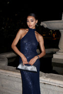 Nevaeh | Women's High Neck Halter Sleeveless Floor Length Sequin Maxi Dress