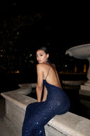 Nevaeh | Women's High Neck Halter Sleeveless Floor Length Sequin Maxi Dress