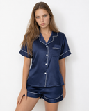 Nikita | Women's Satin Notch Collar Short Sleeve Pajama Set with Piped Shorts