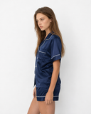 Nikita | Women's Satin Notch Collar Short Sleeve Pajama Set with Piped Shorts