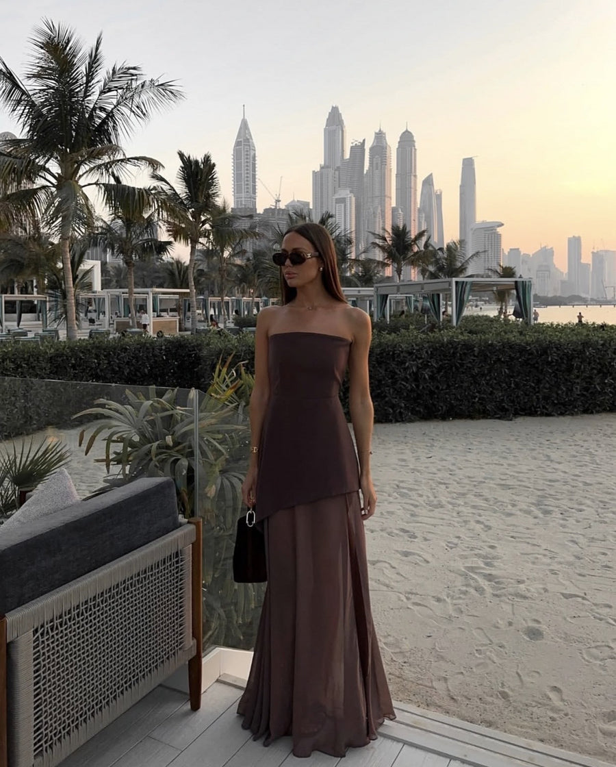 Noella | Women's Strapless Maxi Wedding Guest Dress with Scarf