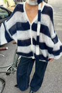 Norah | Women's Striped Fuzzy Knit Lace Up Sweater