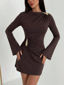 Ofelia | Women's Ruched Boat Neck Bell Sleeve Mini Dress