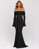 Oksana | Women's Floral Lace Asymmetric Neck Maxi Dress with High Slit