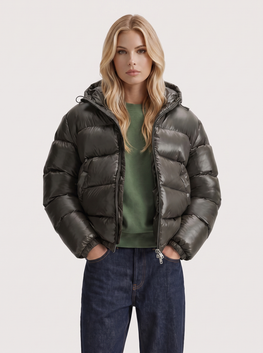 Oriana | Women's Zip Front Long Sleeve Pockets Glossy Puffer Jacket