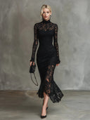 Orlaith | Women's Floral Lace Long Sleeves Fishtail Maxi Dress