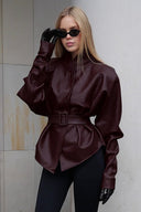 Priscilla | Women's Belted High Neck Faux Leather Jacket