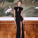 Quinn | Women's High Neck Keyhole Cap Sleeve Zip Front High Slit Maxi Dress