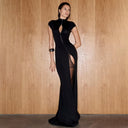 Quinn | Women's High Neck Keyhole Cap Sleeve Zip Front High Slit Maxi Dress
