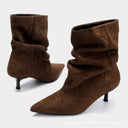 Rachael | Women's Faux Suede Pointed Toe Ruched Kitten Heel Ankle Boots