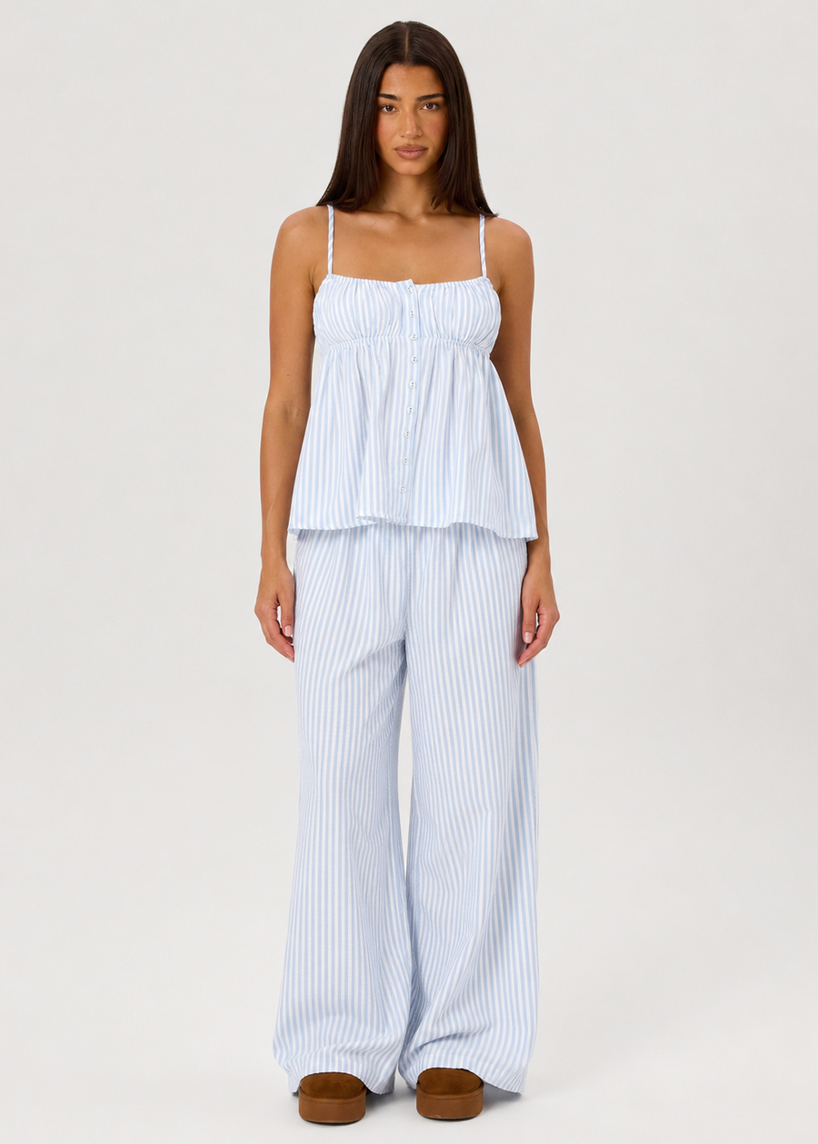Raveena | Women's Striped Square Neck Button Front Pajama Set with Wide Leg Pants