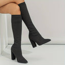 Rhea | Women's Pointed Toe Ribbed Knee High Sock Block Heel Boots