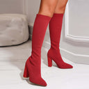 Rhea | Women's Pointed Toe Ribbed Knee High Sock Block Heel Boots