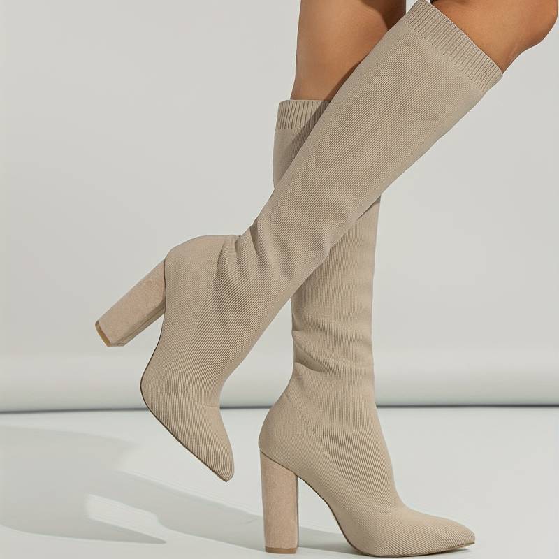 Rhea | Women's Pointed Toe Ribbed Knee High Sock Block Heel Boots