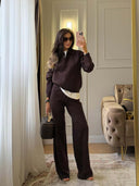 Riona | Women's Polo Collar Long Sleeve Wide Leg Pants Knit Two Piece Set
