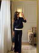 Riona | Women's Polo Collar Long Sleeve Wide Leg Pants Knit Two Piece Set