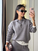 Riona | Women's Polo Collar Long Sleeve Wide Leg Pants Knit Two Piece Set