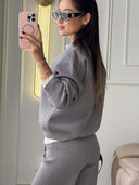 Riona | Women's Polo Collar Long Sleeve Wide Leg Pants Knit Two Piece Set