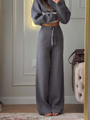 Riona | Women's Polo Collar Long Sleeve Wide Leg Pants Knit Two Piece Set
