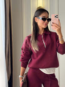 Riona | Women's Polo Collar Long Sleeve Wide Leg Pants Knit Two Piece Set