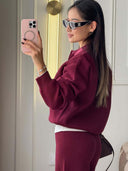 Riona | Women's Polo Collar Long Sleeve Wide Leg Pants Knit Two Piece Set