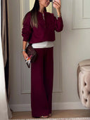 Riona | Women's Polo Collar Long Sleeve Wide Leg Pants Knit Two Piece Set