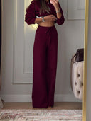 Riona | Women's Polo Collar Long Sleeve Wide Leg Pants Knit Two Piece Set