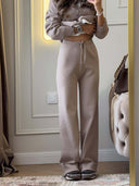 Riona | Women's Polo Collar Long Sleeve Wide Leg Pants Knit Two Piece Set