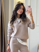 Riona | Women's Polo Collar Long Sleeve Wide Leg Pants Knit Two Piece Set