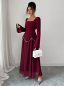 Rylie | Women's Square Neck Long Bell Sleeve Pearl Trim Maxi Dress