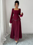 Rylie | Women's Square Neck Long Bell Sleeve Pearl Trim Maxi Dress
