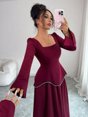 Rylie | Women's Square Neck Long Bell Sleeve Pearl Trim Maxi Dress