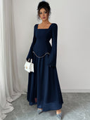 Rylie | Women's Square Neck Long Bell Sleeve Pearl Trim Maxi Dress