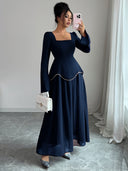 Rylie | Women's Square Neck Long Bell Sleeve Pearl Trim Maxi Dress