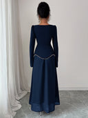 Rylie | Women's Square Neck Long Bell Sleeve Pearl Trim Maxi Dress