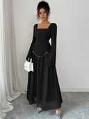 Rylie | Women's Square Neck Long Bell Sleeve Pearl Trim Maxi Dress