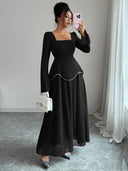 Rylie | Women's Square Neck Long Bell Sleeve Pearl Trim Maxi Dress