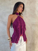Sabrina | Women's Halter Ruffle Sleeveless Sheer Layered Party Top