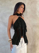 Sabrina | Women's Halter Ruffle Sleeveless Sheer Layered Party Top