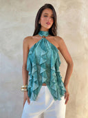 Sabrina | Women's Halter Ruffle Sleeveless Sheer Layered Party Top