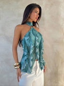 Sabrina | Women's Halter Ruffle Sleeveless Sheer Layered Party Top