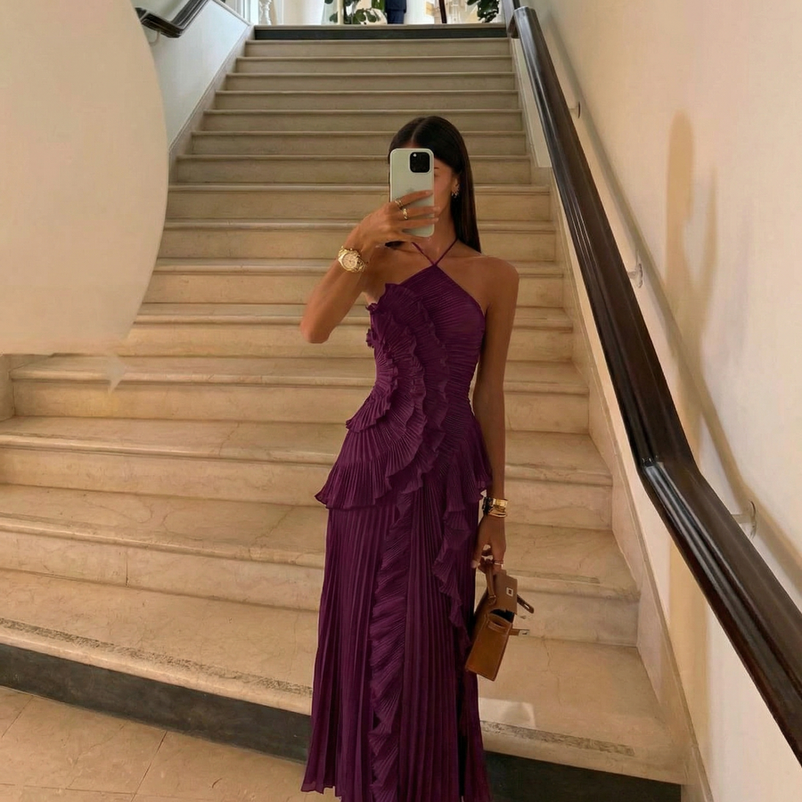 Samara | Women's Halter Neck Pleated Ruffle Maxi Dress