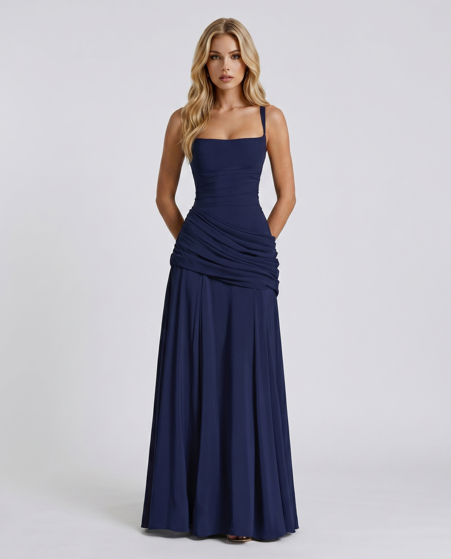 Sela | Women's Square Neck Wide Strap Draped Ruched Maxi Dress