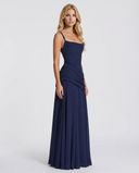 Sela | Women's Square Neck Wide Strap Draped Ruched Maxi Dress