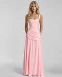 Sela | Women's Square Neck Wide Strap Draped Ruched Maxi Dress