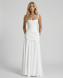 Sela | Women's Square Neck Wide Strap Draped Ruched Maxi Dress