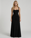 Sela | Women's Square Neck Wide Strap Draped Ruched Maxi Dress